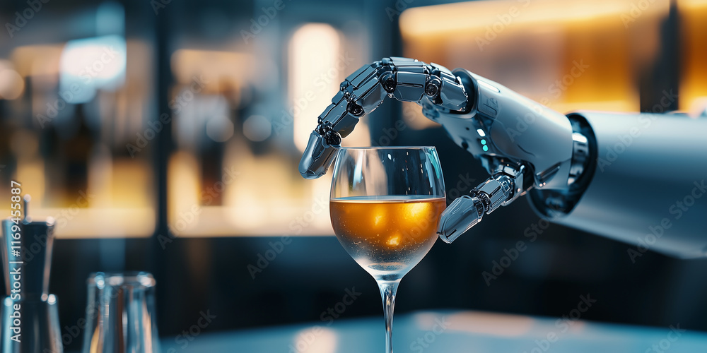Aufkleber robotic arm delicately holds glass of wine in modern bar setting, showcasing advanced technology and