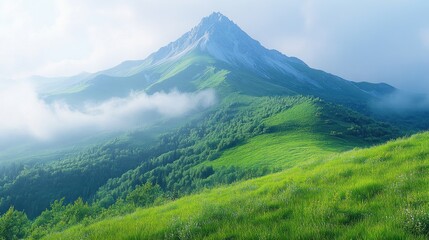 Fototapeta premium Majestic mountain peak shrouded in mist, lush green hills.
