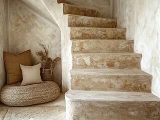 Bohemian stairs with natural beige and rustic touches.