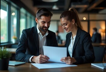 Two business people, a business man and a business woman, engage in a discussion as they read a financial report together. Young business professionals working together in a modern finance company.

