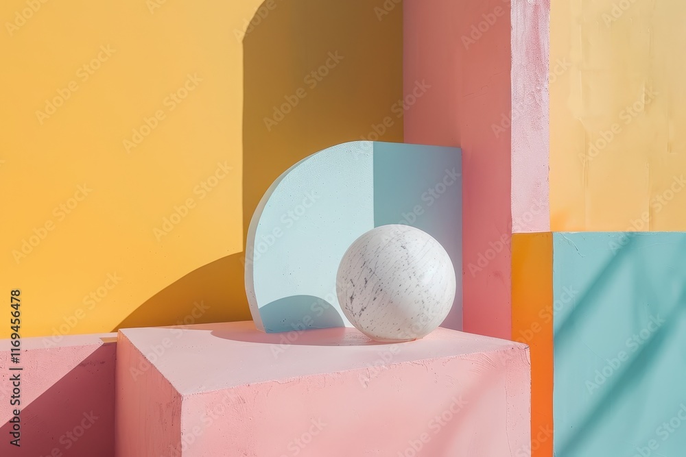 Poster Abstract composition featuring soft geometric shapes and a textured sphere against vibrant pastel colors in a modern setting