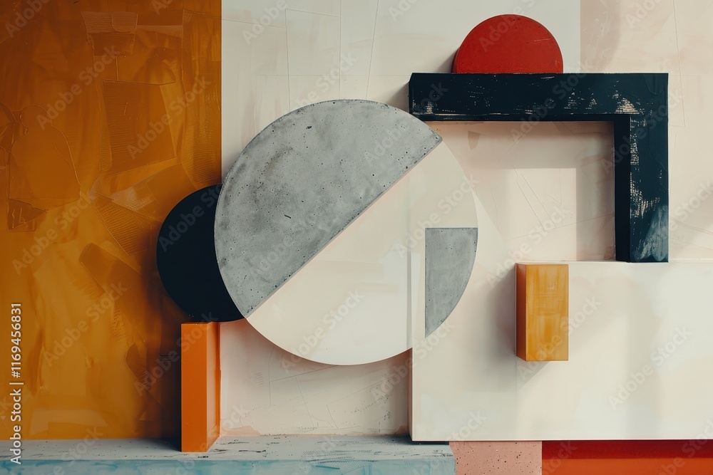 Poster abstract composition featuring soft geometric shapes and a textured sphere against vibrant pastel co