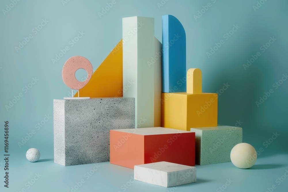 Poster Abstract composition featuring soft geometric shapes and a textured sphere against vibrant pastel colors in a modern setting
