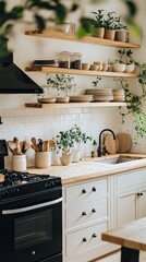 Cozy Modern Kitchen with Open Shelving and Abundant Greenery