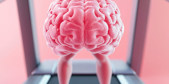 Brain with legs running on treadmill on color abstract background, 3d illustration, creative brain exercise concept, mind development, copy space