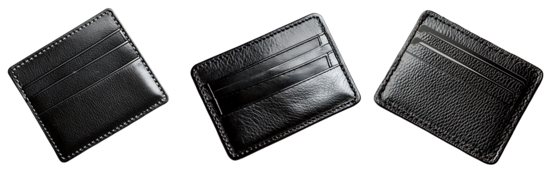 Set of a, Black leather card holder with two cards inside, isolated on a transparent background.