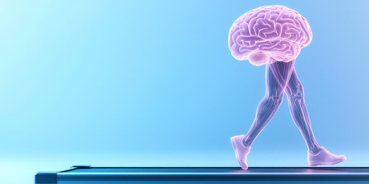 Brain with legs running on treadmill on color abstract background, 3d illustration, creative brain exercise concept, mind development, copy space