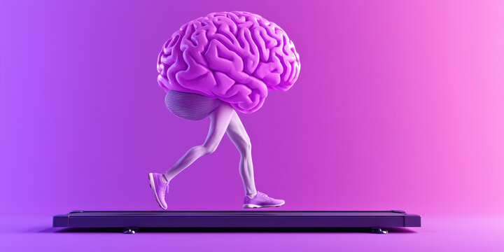Brain with legs running on treadmill on color abstract background, 3d illustration, creative brain exercise concept, mind development, copy space