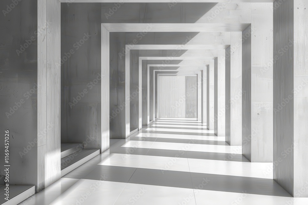 Poster Exploring a modern architectural corridor with geometric patterns and long shadows during daylight hours