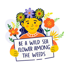 A flat sticker of a woman holding a board with a positive message written on it