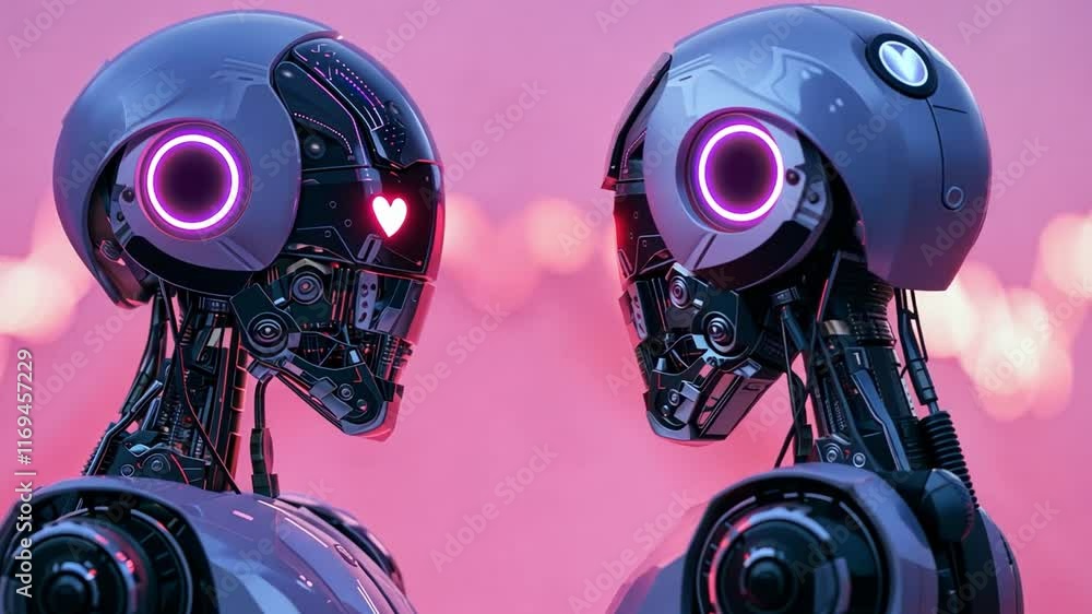 Poster Two futuristic robots face each other, featuring glowing heart designs in their eyes against a soft pink background. This captivating moment emphasizes connection and affection.