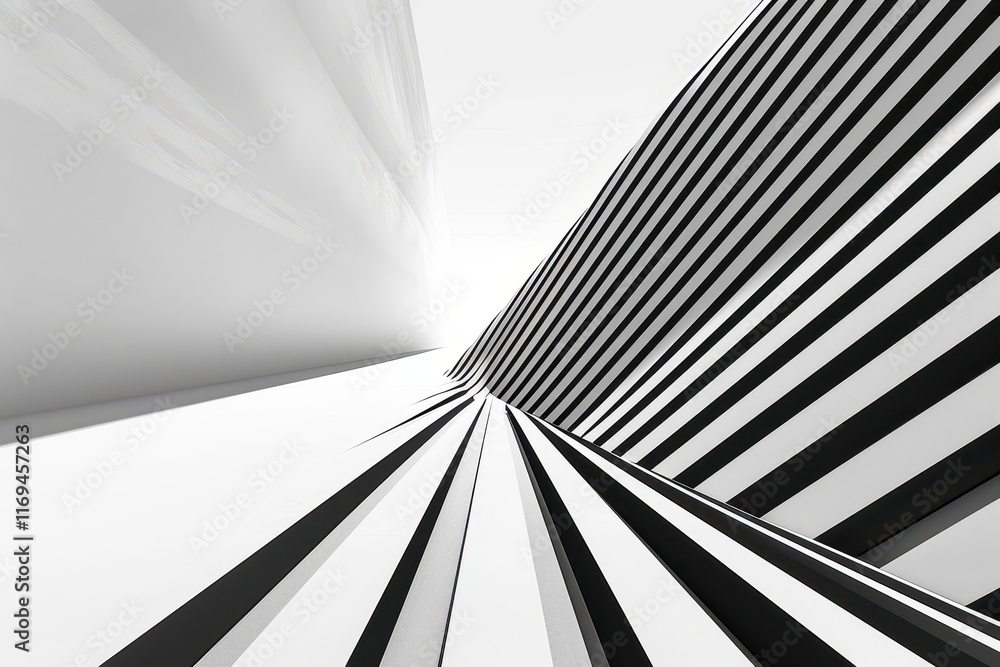 Poster Exploring a modern architectural corridor with geometric patterns and long shadows during daylight hours