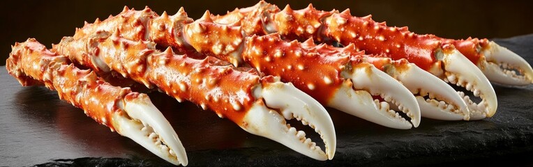 Five large, vibrant king crab claws display their striking reddish-orange shells and sharp spikes on a dark surface, showcasing a delicious seafood option for a special meal