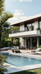 Fototapeta premium Modern Villa with Pool Surrounded by Lush Tropical Landscape