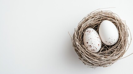 Minimalist Easter nest with eggs on white background, simple and elegant. Easter