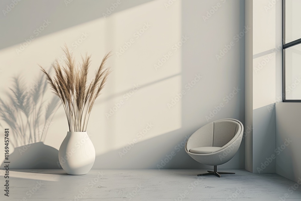 Poster modern minimalistic space featuring a solitary tree and geometric elements with abundant natural lig
