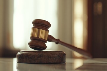Wooden gavel on stand in courtroom. Symbol of justice and law. Legal system concept. Judgment, verdict, and authority representation for lawyers and judges