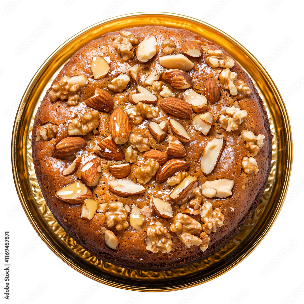 Poster top view of honey cake topped with almonds and walnuts on gold lined plate, showcasing rich and appe