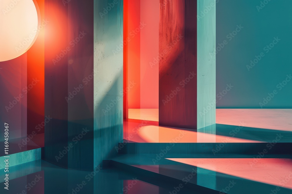 Poster Vibrant abstract architecture with colorful light reflections in a serene setting during the evening