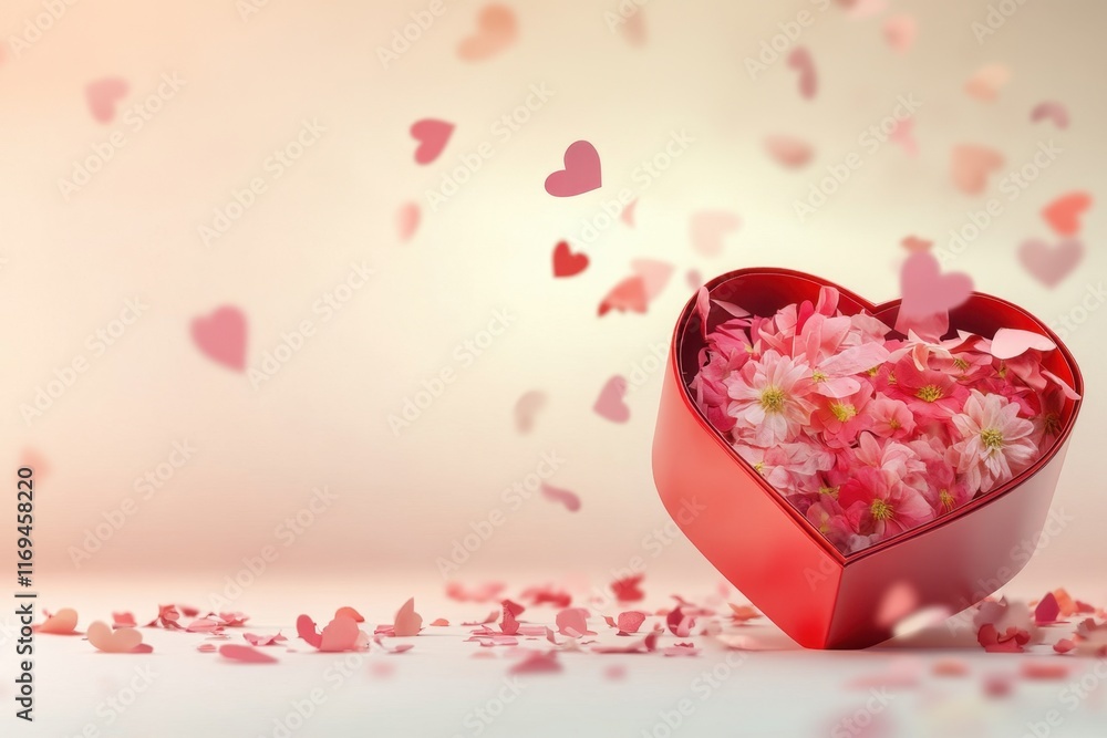 Poster a red heart-shaped gift box with pink flowers and petals inside, placed on the right side of an empt