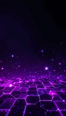 Dark gradient background from purple to black, overlaid with glowing geometric hexagons and squares, creating a futuristic and sleek design