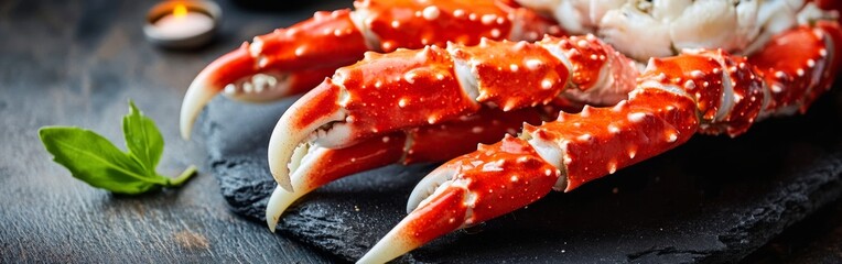 Juicy crab claws featuring vibrant red shells are arranged artfully on a slate platter. A touch of fresh mint adds a pop of color, enhancing the seafood presentation