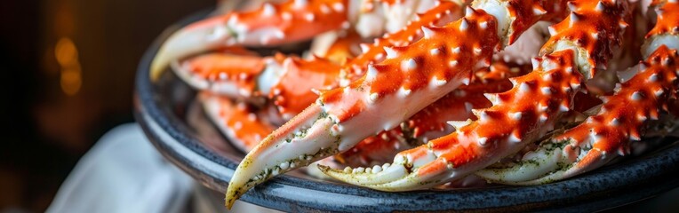 Plump crab legs are arranged neatly on a black plate, showcasing their striking orange color and unique spiky texture. The background suggests a cozy dining setting