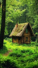 Fototapeta premium Cozy rustic cabin surrounded by lush green forest landscape