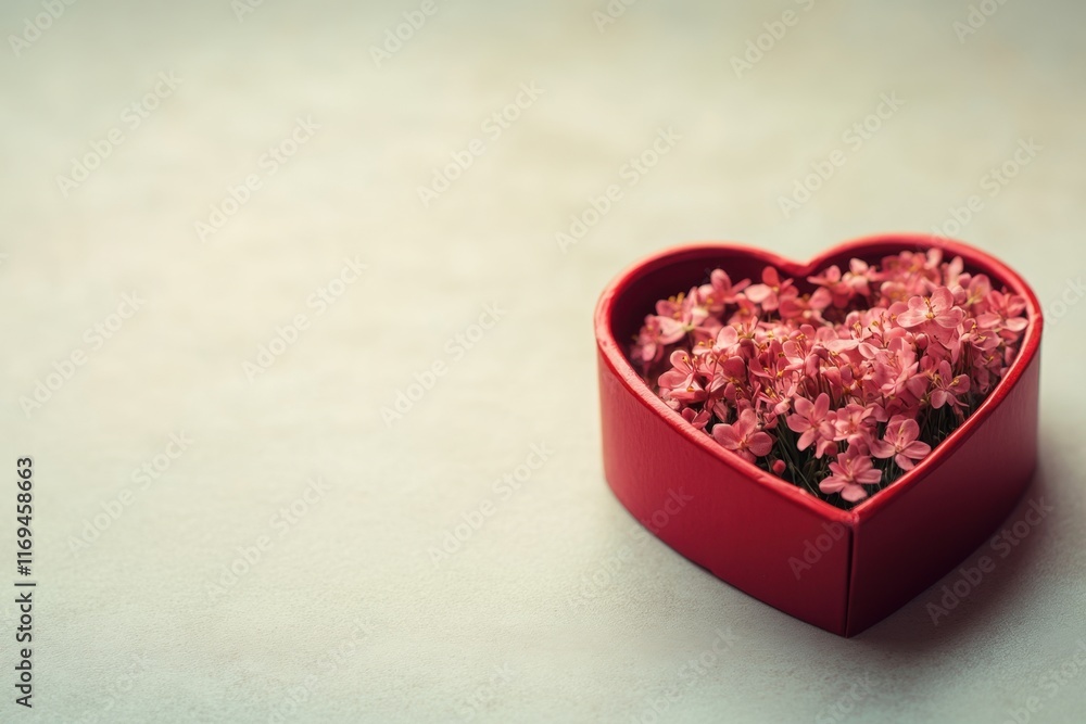 Poster a red heart-shaped gift box with pink flowers inside, placed on the right side of an empty light-col