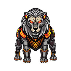 A robotic lion with sleek metallic armor and glowing red eyes.