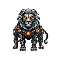 A robotic lion wearing sleek metallic armor with glowing eyes.