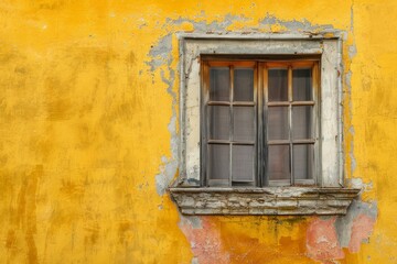 Fototapeta premium Yellow concrete wall with old wooden window in european city. Detailed photo textured background