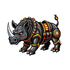 A black robotic rhinoceros with a sleek metal horn and glowing yellow eyes.