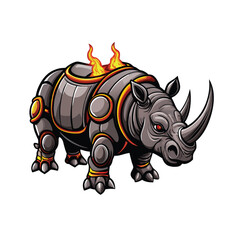A robotic rhinoceros with a sleek metal horn and glowing, fiery flames on its back.