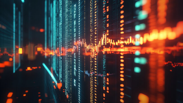 Cryptocurrency growth chart with vibrant orange and blue lines, digital background, and futuristic financial design.