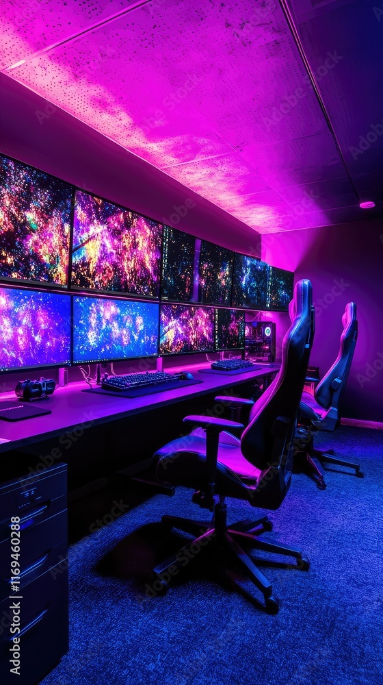 Aufkleber modern gaming setup with multiple monitors and ambient lighting