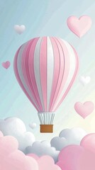 Naklejka premium Heart-shaped hot air balloon soaring above a whimsical landscape of clouds and hearts