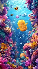 Colorful Underwater Scene with Animated Characters and Coral Reef