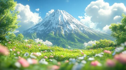 Fototapeta premium Majestic snow-capped mountain, vibrant spring meadow.