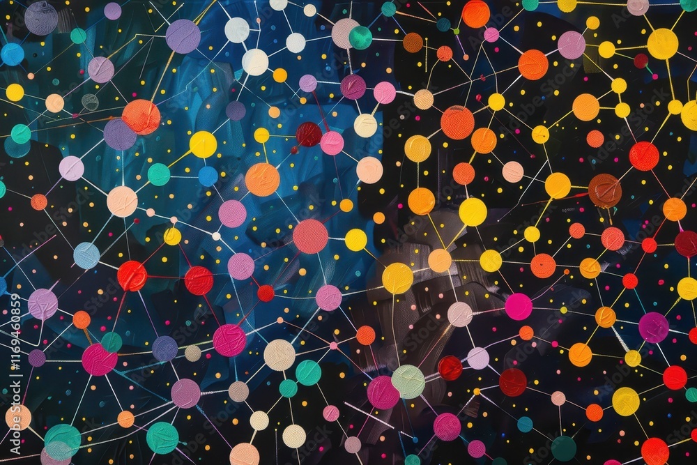 Poster colorful molecular structure illustration showcasing interconnected atoms and bonds in a dynamic web