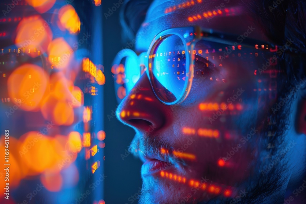 Aufkleber person with glasses looking intently at digital data with vibrant light reflections in a dark settin