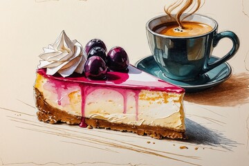 Cheesecake with sauce on a plate. AI Generated.