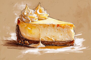 Cheesecake with sauce on a plate. AI Generated.