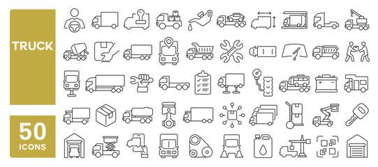 Set of 50 line icons related to truck, van, vehicle, cargo, moving, shipment, logistic, delivery, distribution, lorry, Editable stroke. Vector illustration