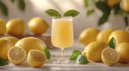 Refreshing lemon juice served in a clear glass with fresh lemons and purple flowers nearby