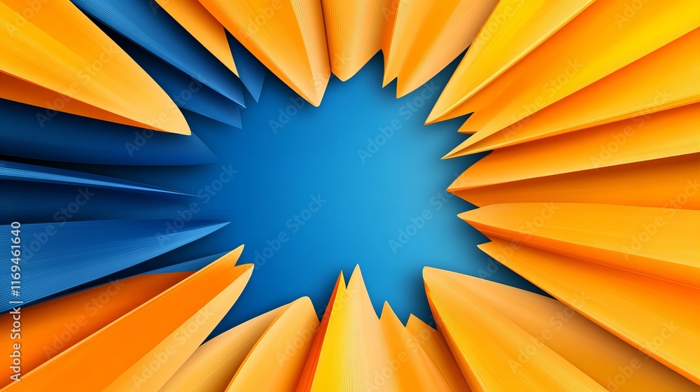 Poster abstract art featuring vibrant orange and blue hues. sharp, geometric shapes create a dynamic and en