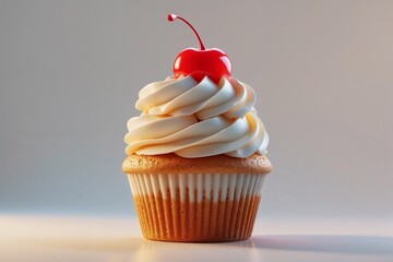 Cupcake with whipped cream and cherry. AI Generated.