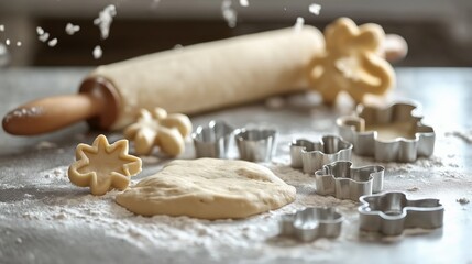 Baking Cookie Dough With Rolling Pin and Cutters on a Floured Countertop in a Cozy Kitchen