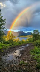Naklejka premium Vibrant Rainbow Arching Over Tranquil Lake Surrounded by Forests