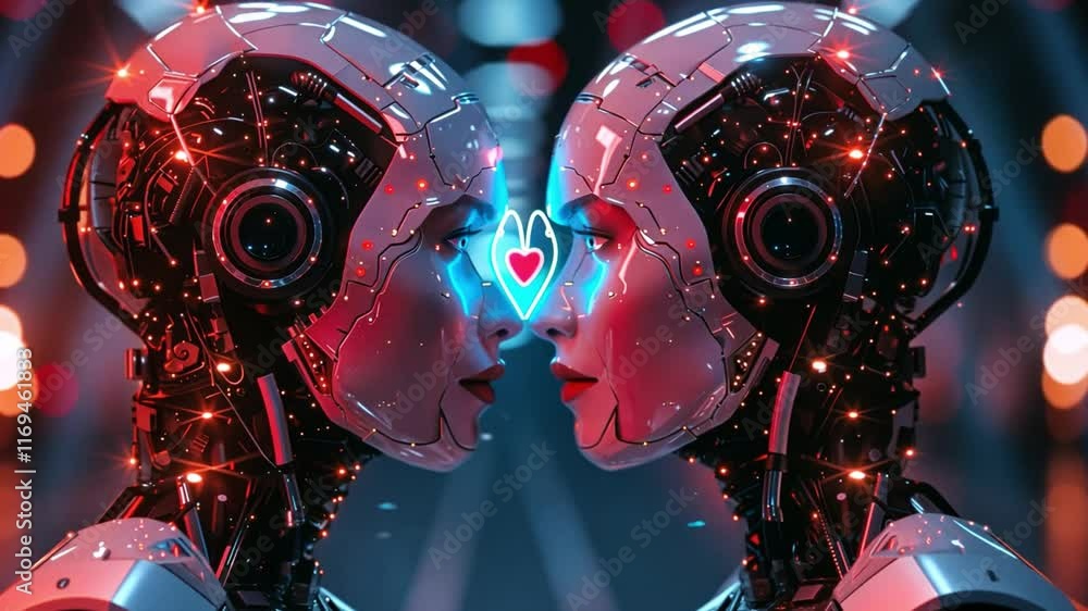 Leinwandbilder two advanced ai robots stand face to face, radiating emotion with a glowing heart symbol between the